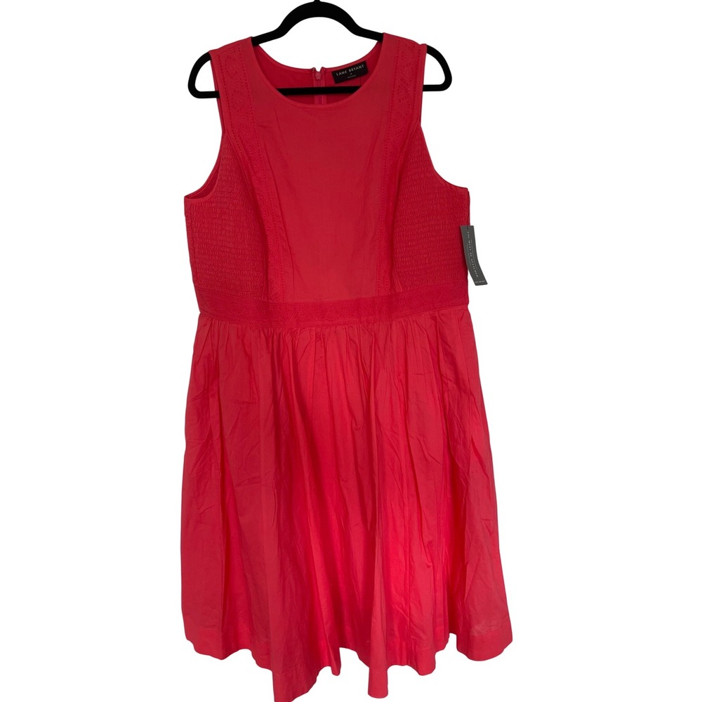 Lane Bryant‎ Pink Red Eyelet Cotton Smocked Fit Flare Midi Dress 18 NWT